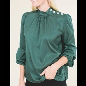 💰 WAYF Emerald Green Silky Mock neck Blouse with Sparkly Buttons - Size M